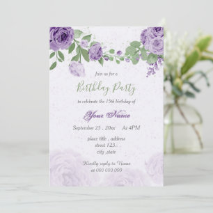 beautiful purple flowers green leaves birthday invitation