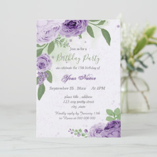 beautiful purple flowers green leaves birthday invitation