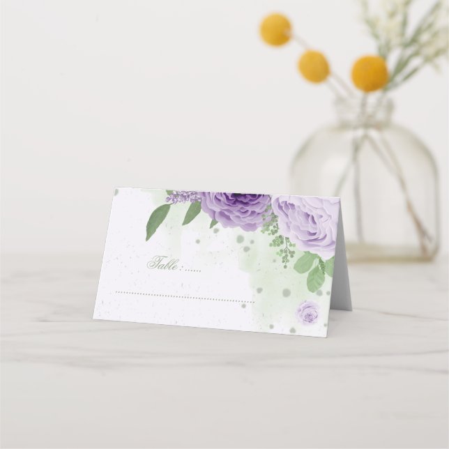 beautiful purple flowers green leaves botanical place card (Front)