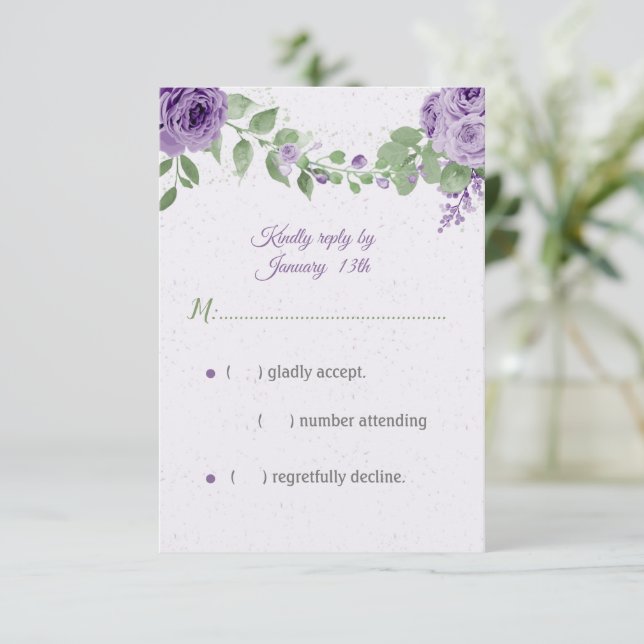 beautiful purple flowers green leaves botanical RSVP card (Standing Front)