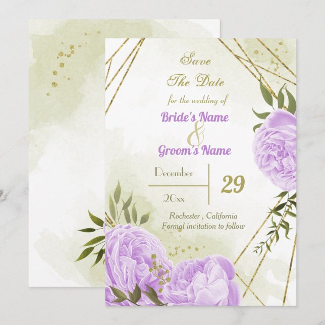 beautiful purple flowers green leaves botanical save the date (Front/Back)