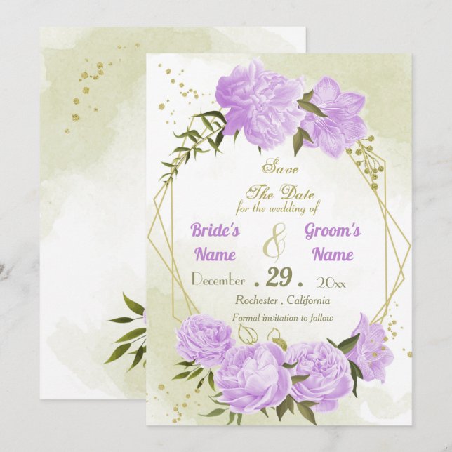beautiful purple flowers green leaves geometric save the date (Front/Back)