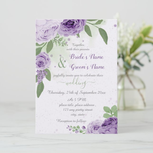 beautiful purple flowers green leaves wedding invitation (Standing Front)
