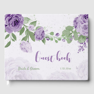 beautiful purple flowers greenery wedding guest book