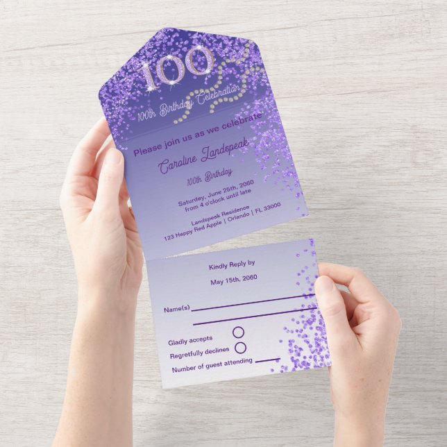 Beautiful Purple Glitter 100th Happy Birthday All In One Invitation (Tearaway)