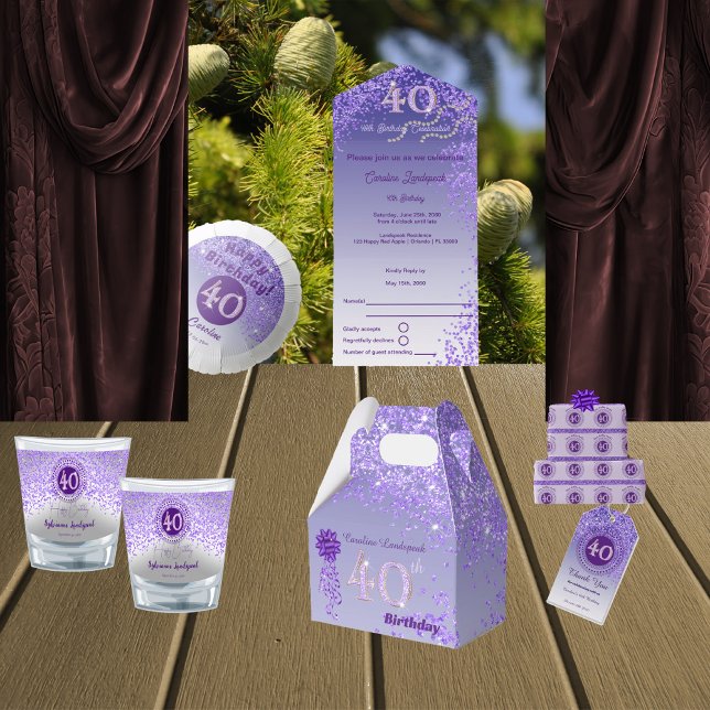 Beautiful Purple Glitter 40th Happy Birthday All In One Invitation (Creator Uploaded)