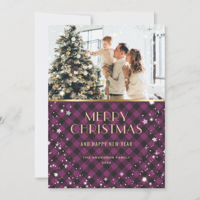Beautiful Purple Gold Buffalo Plaid Photo Holiday Card (Front)
