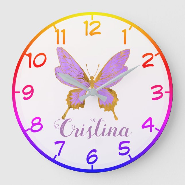Beautiful Purple & Gold Butterfly Large Clock (Front)