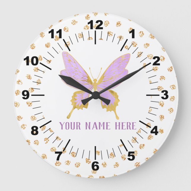 Beautiful Purple & Gold Butterfly Large Clock (Front)