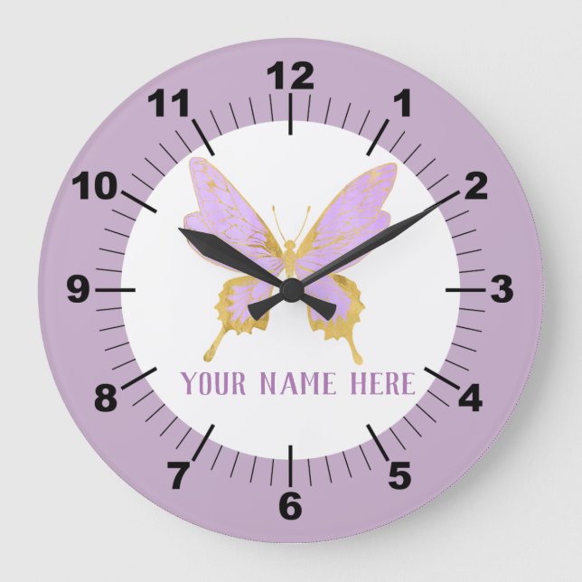 Beautiful Purple & Gold Butterfly Large Clock (Front)