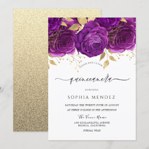 Beautiful Purple & Gold Floral Sparkle Quinceanera Invitation