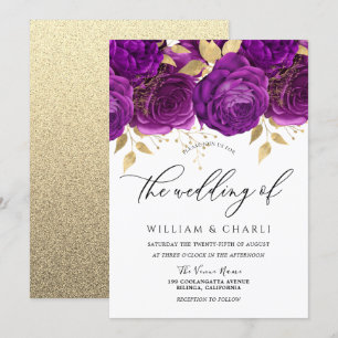 Beautiful Purple & Gold Floral Sparkle Wedding Invitation