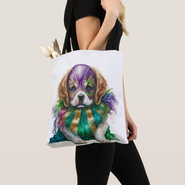 BEAUTIFUL PURPLE GREEN GOLD MARDI GRAS PUPPY DOG TOTE BAG (Close Up)