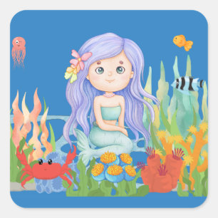 Beautiful PURPLE HAIR mermaid playing in the sea Square Sticker