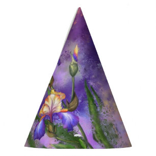 Beautiful Purple Iris Flower Migned Art Painting Party Hat