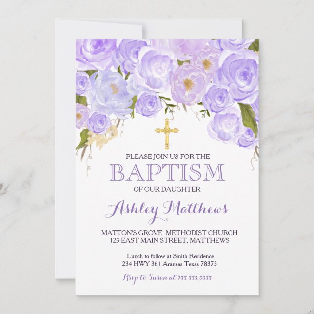 Beautiful Purple Lavender BAPTISM Invitation (Front)