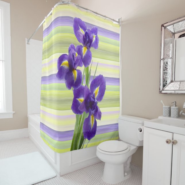 Beautiful Purple Lilac Irises Watercolor Art Shower Curtain (In Situ)