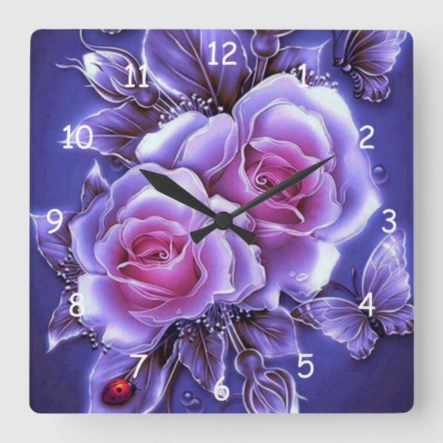 Beautiful Purple Neon Rose and Lady Bug Square Wall Clock (Front)