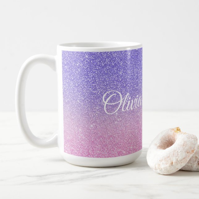 Beautiful Purple Pink Glitter Ombre Coffee Mug (With Donut)
