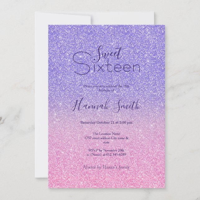 Beautiful Purple Pink Glitter Ombre Invitation (Front)