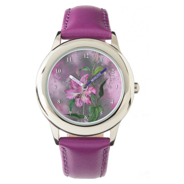 Beautiful Purple Pink Lily Flower Watch Painting  (Front)