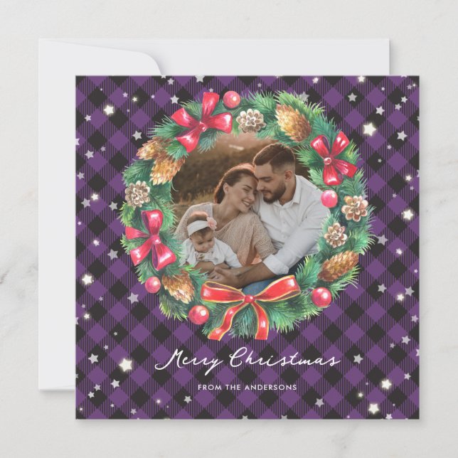 Beautiful Purple Plaid Wreath Stars Photo Holiday Card (Front)