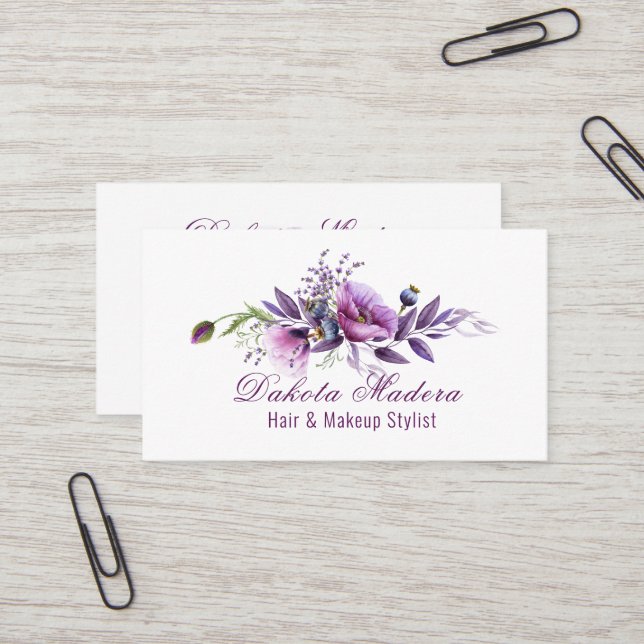 Beautiful Purple Poppies "Hair & Makeup" Stylist Business Card (Front/Back In Situ)