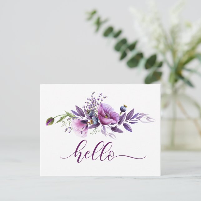 Beautiful Purple Poppies "Hello" Postcard (Standing Front)