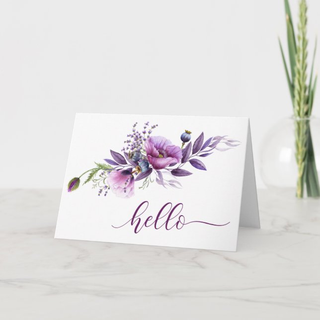 Beautiful Purple Poppies "Hello" Thank You Card (Front)