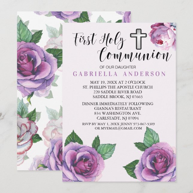 Beautiful Purple Roses First Holy Communion Invitation (Front/Back)
