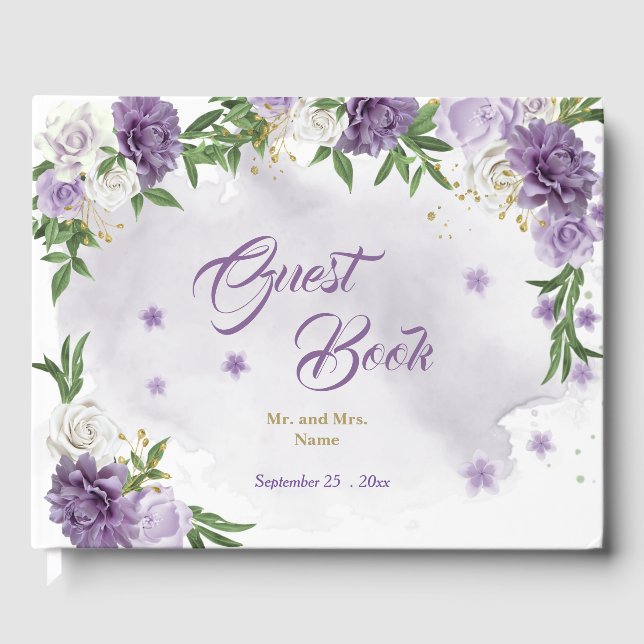 beautiful purple shades flowers greenery guest book (Front)