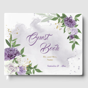 beautiful purple shades flowers greenery guest book