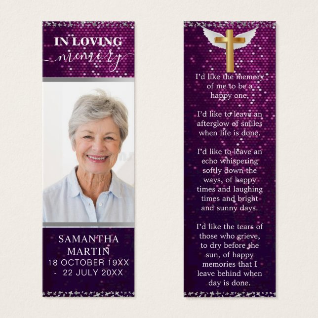Beautiful Purple Sparkly Memorial Funeral Bookmark (Front & Back)