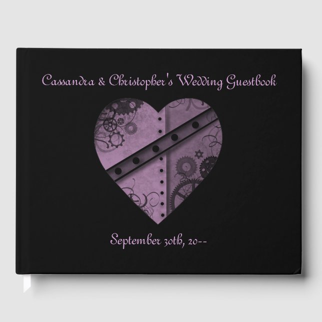 Beautiful purple steampunk heart on black guest book (Front)