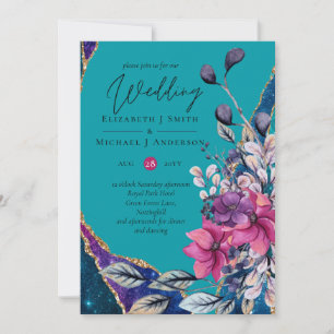 Beautiful Purple Teal Floral Agate Wedding Invitation