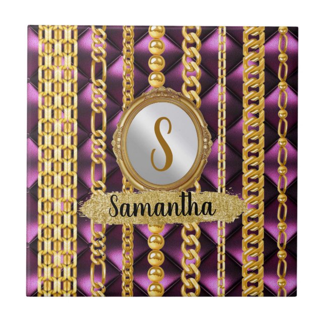 Beautiful Purple Velvet Gold Monogram Elegant Chic Tile (Front)