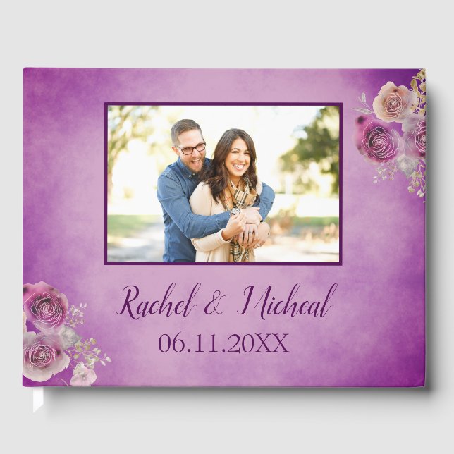 Beautiful Purple Watercolor Wedding Guest Book (Front)