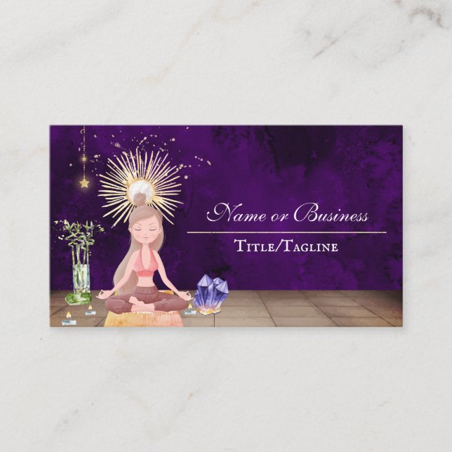 Beautiful Purple Yoga Girl and Crystals Meditation Business Card (Front)