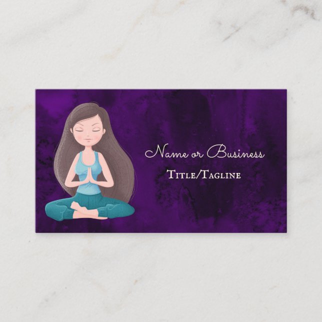 Beautiful Purple Yoga Girl Meditation Business Card (Front)