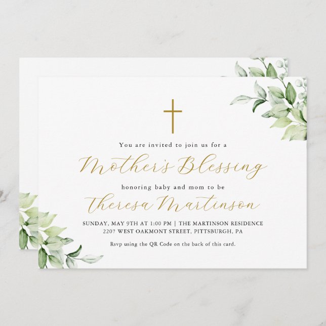 Beautiful QR Rsvp Greenery Cross Mother's Blessing Invitation (Front/Back)