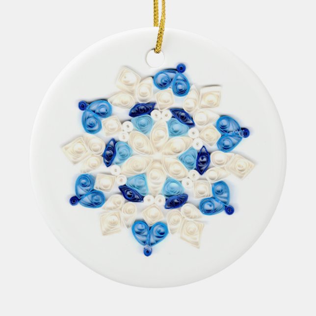 Beautiful Quilled Blue and White Snowflake Design Ceramic Tree Decoration (Front)