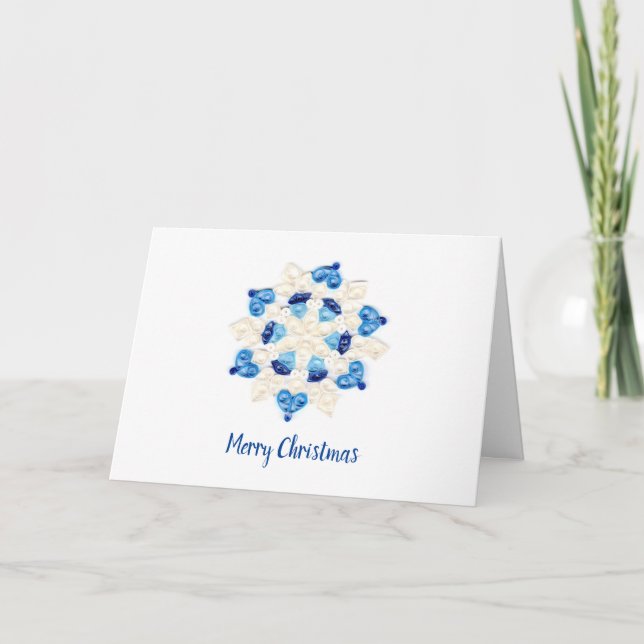 Beautiful Quilled Blue and White Snowflake Design Holiday Card (Front)