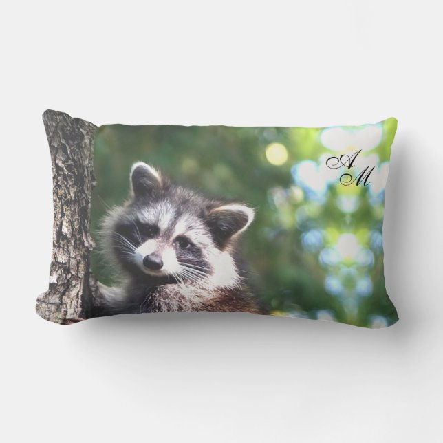 Beautiful Racoon on the Jungle & Monogram Lumbar Cushion (Front)
