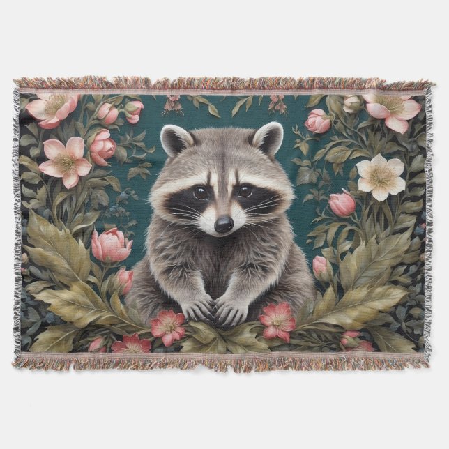 Beautiful Racoon Pink Floral Throw Blanket (Front)