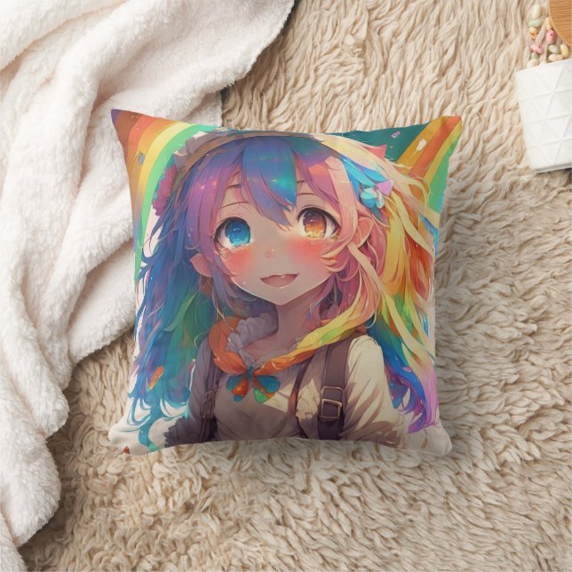 Beautiful Rainbow Anime Girl Cushion (Blanket)