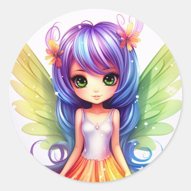 Beautiful Rainbow Coloured Happy Fairy Princess Classic Round Sticker (Front)