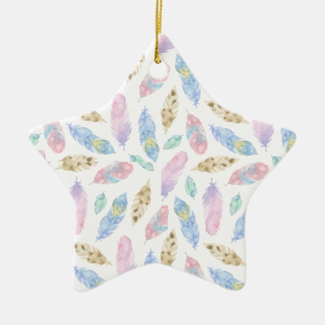 Beautiful rainbow feathers watercolour pattern ceramic tree decoration (Front)