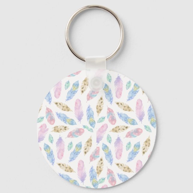 Beautiful rainbow feathers watercolour pattern key ring (Front)