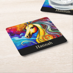 Beautiful Rainbow Horse Portrait  Square Paper Coaster