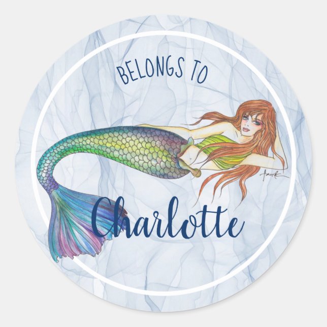 Beautiful Rainbow Mermaid with Ginger Hair Classic Round Sticker (Front)